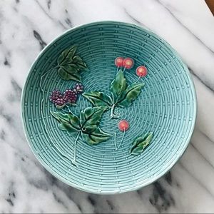 ANTIQUE | Majolica Zell Germany Plate Basketweave Cherries Berries Turquoise